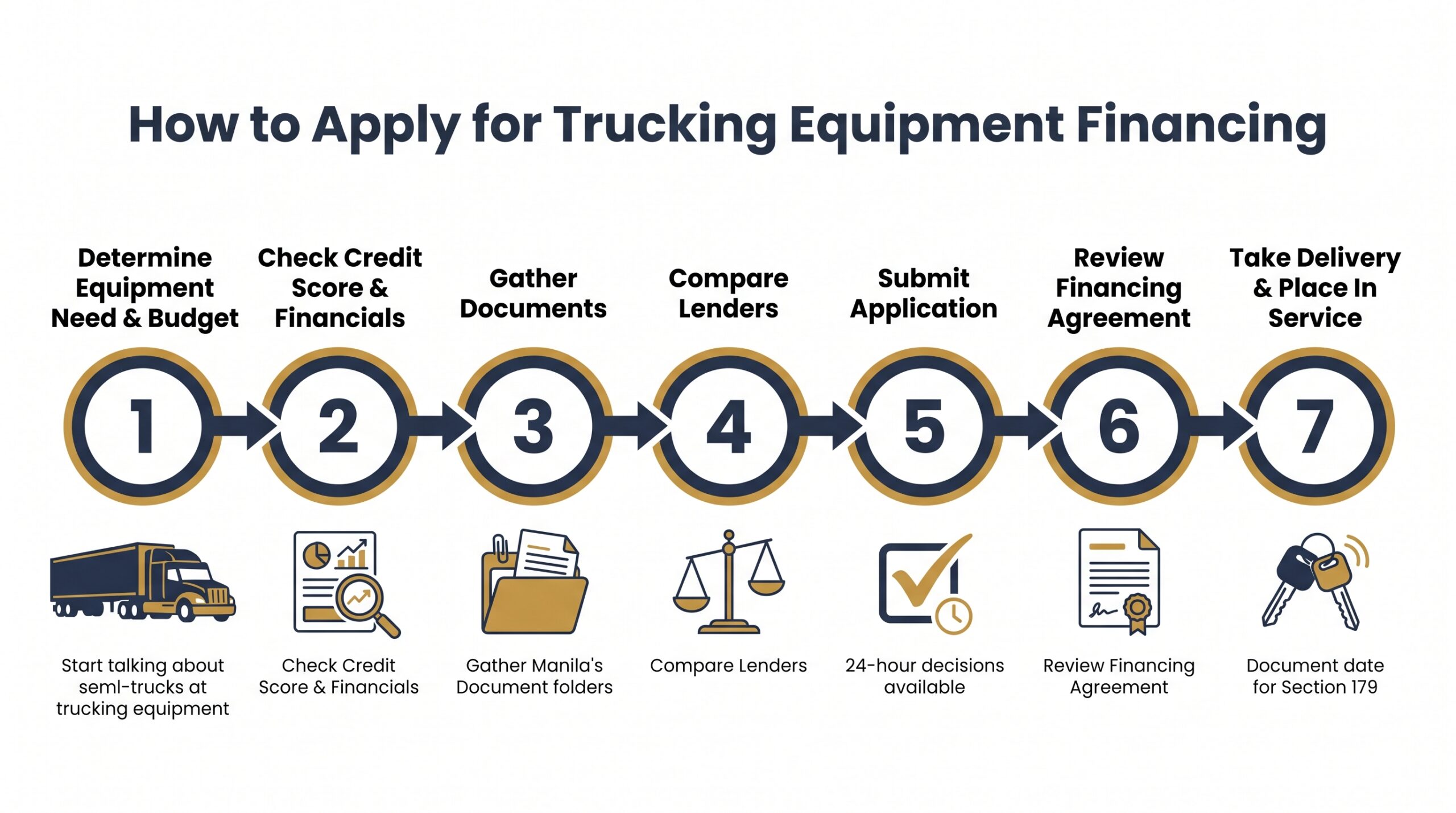 Seven-step process diagram for applying for truck equipment financing from budget planning to equipment delivery