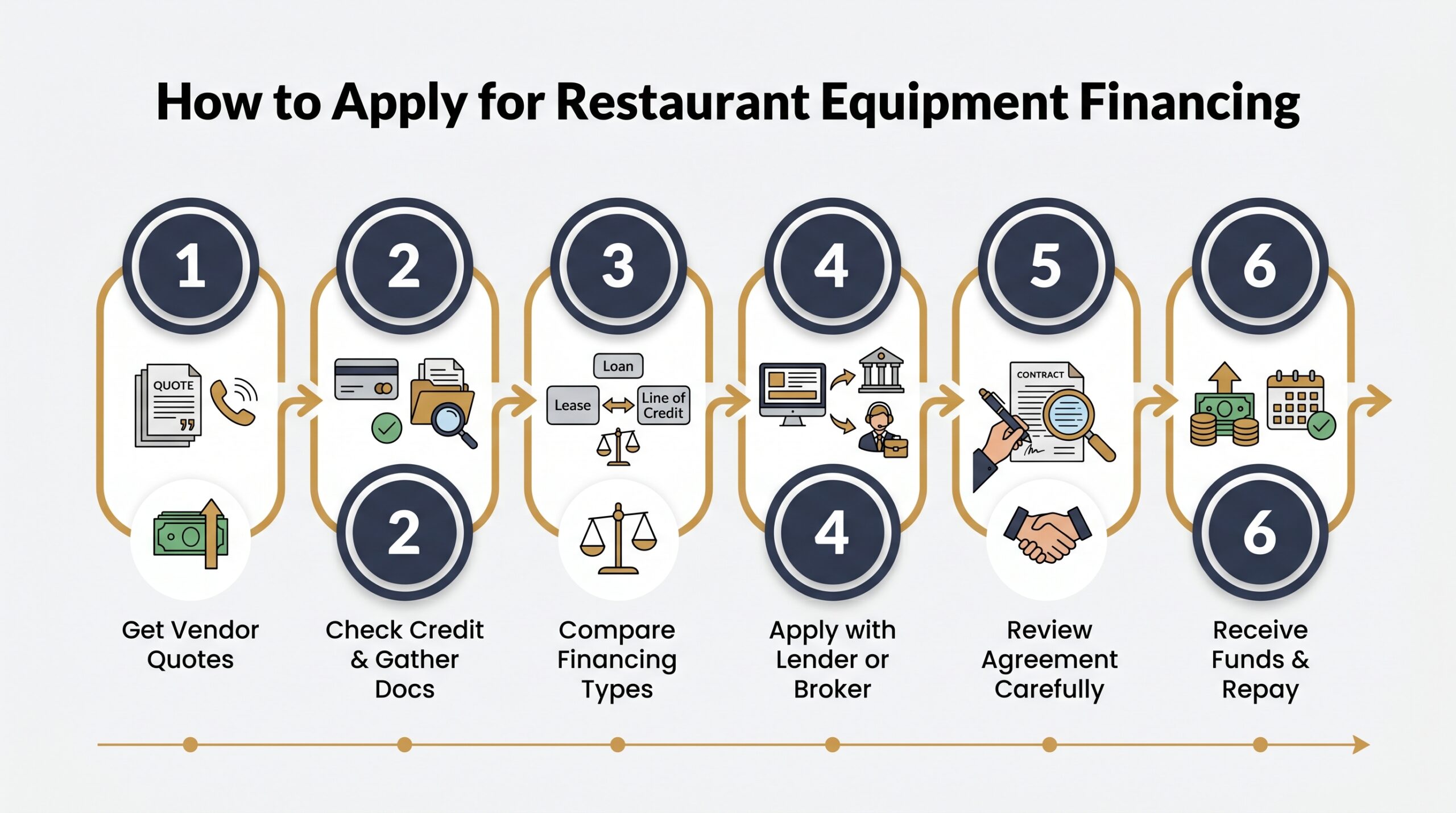 Six-step process diagram for applying for restaurant equipment financing from getting vendor quotes to receiving funds