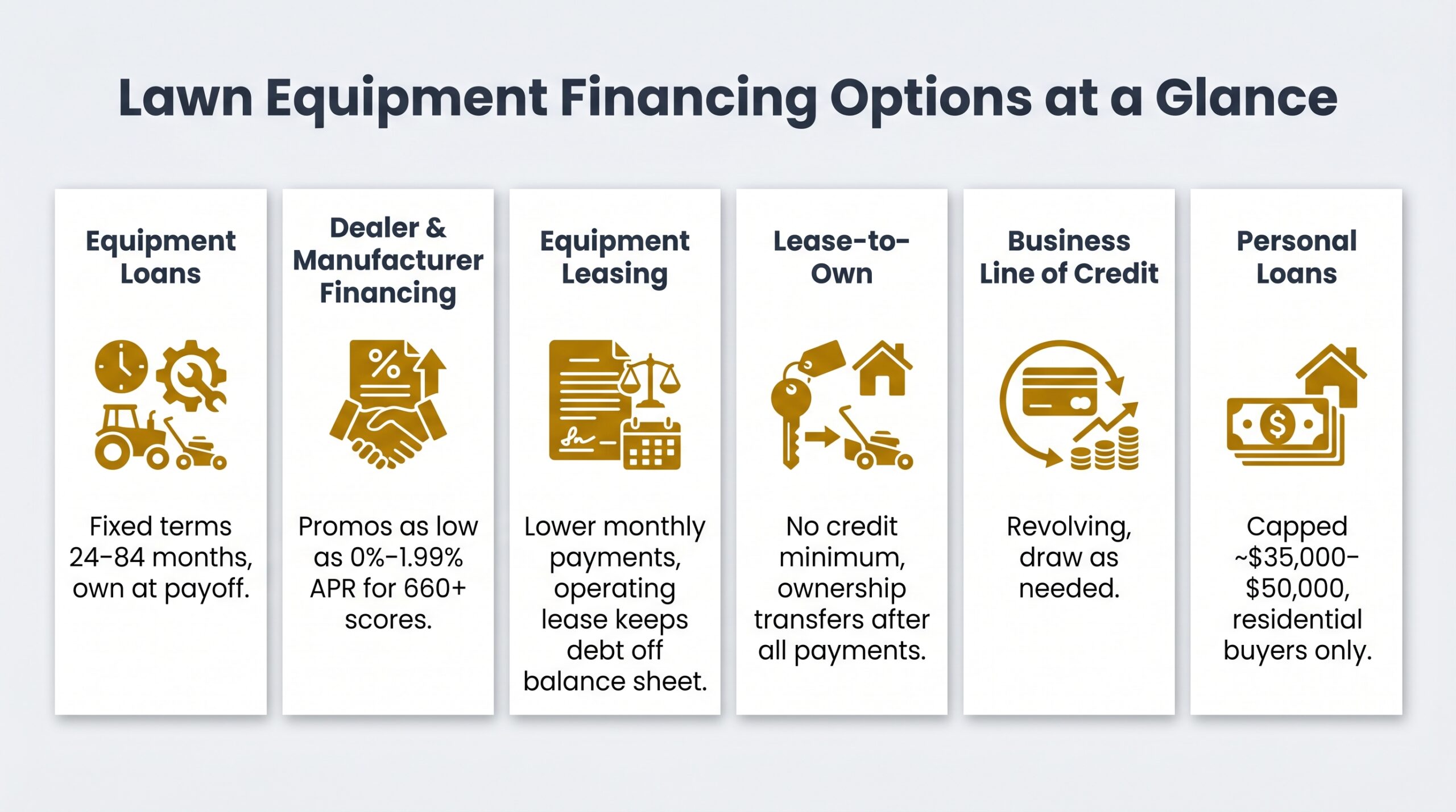 Infographic outlining six landscaping equipment financing options from equipment loans to lease-to-own programs