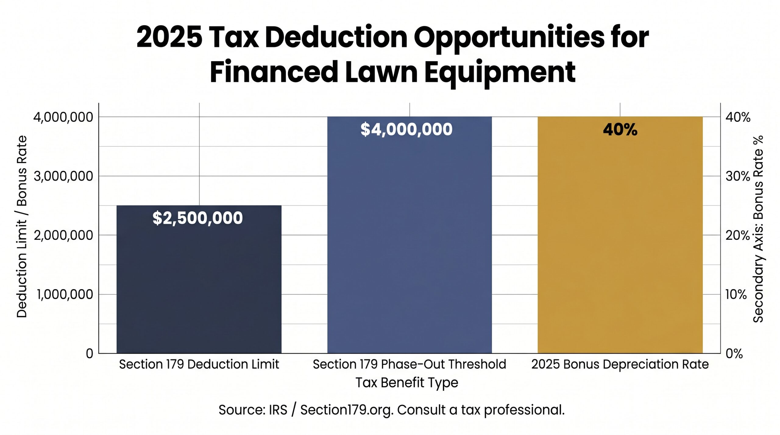 Bar chart showing 2025 Section 179 deduction limit of $2.5M and 40% bonus depreciation for financed outdoor power equipment