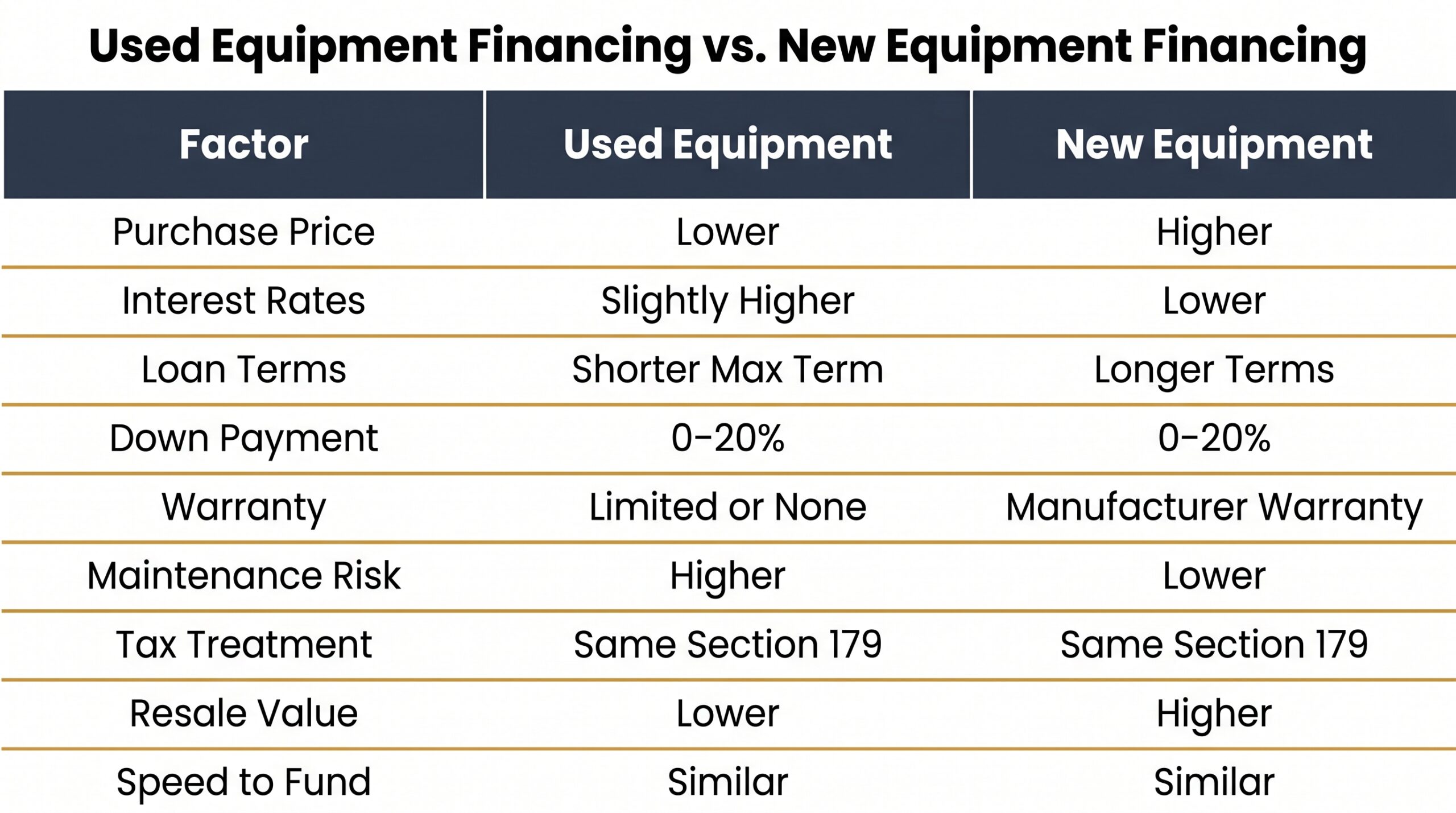 Comparison table of used versus new equipment financing across nine factors including rates, warranty, tax treatment, and loan terms