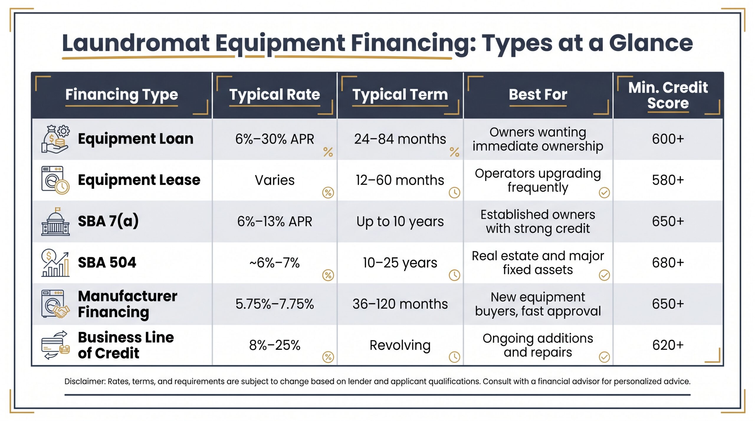 Comparison table of six laundromat equipment financing types showing rates, terms, best use cases, and minimum credit scores