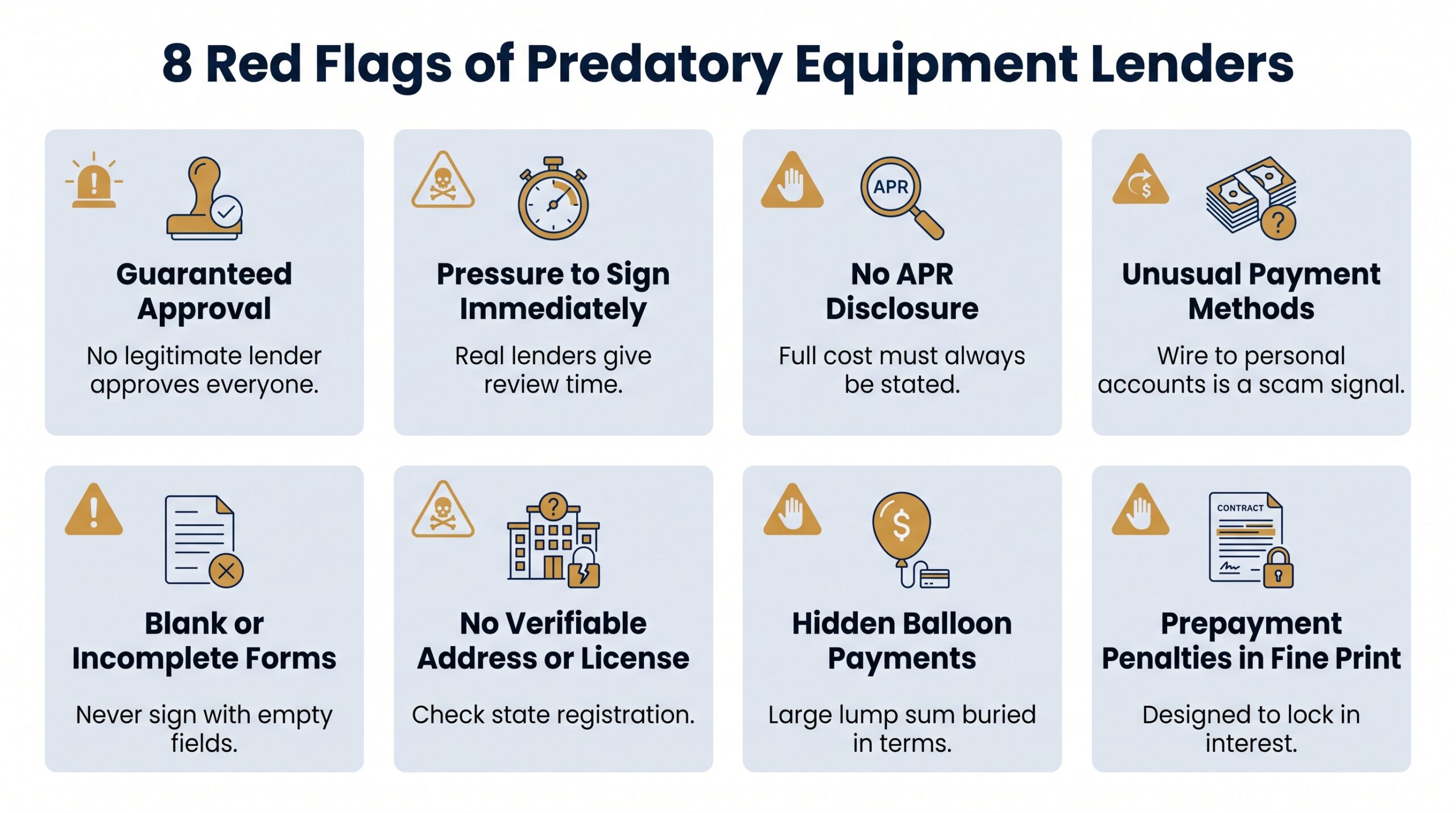 Infographic listing 8 red flags of predatory lenders in the no credit check equipment financing market