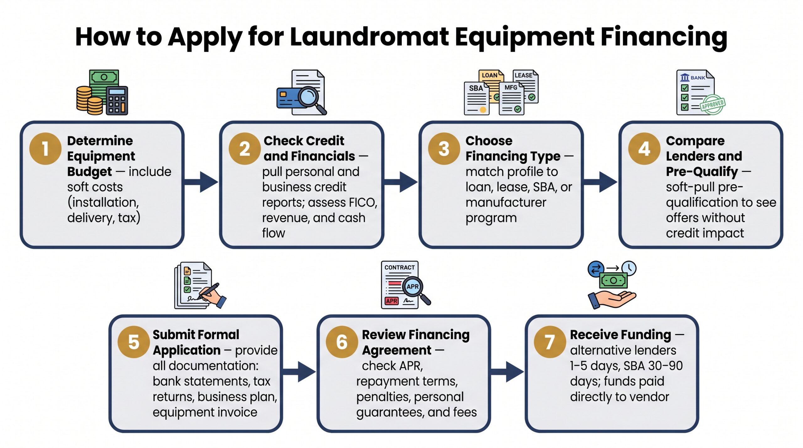 Seven-step process diagram showing how to apply for commercial laundromat equipment financing from budget planning to funding