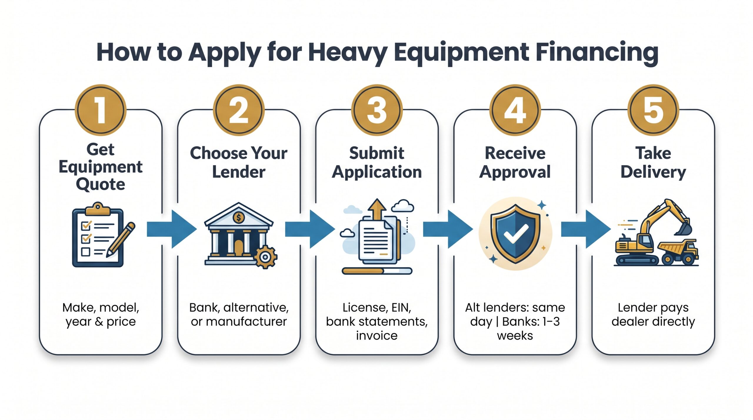 Five-step process diagram showing how to apply for heavy equipment financing from quote to delivery